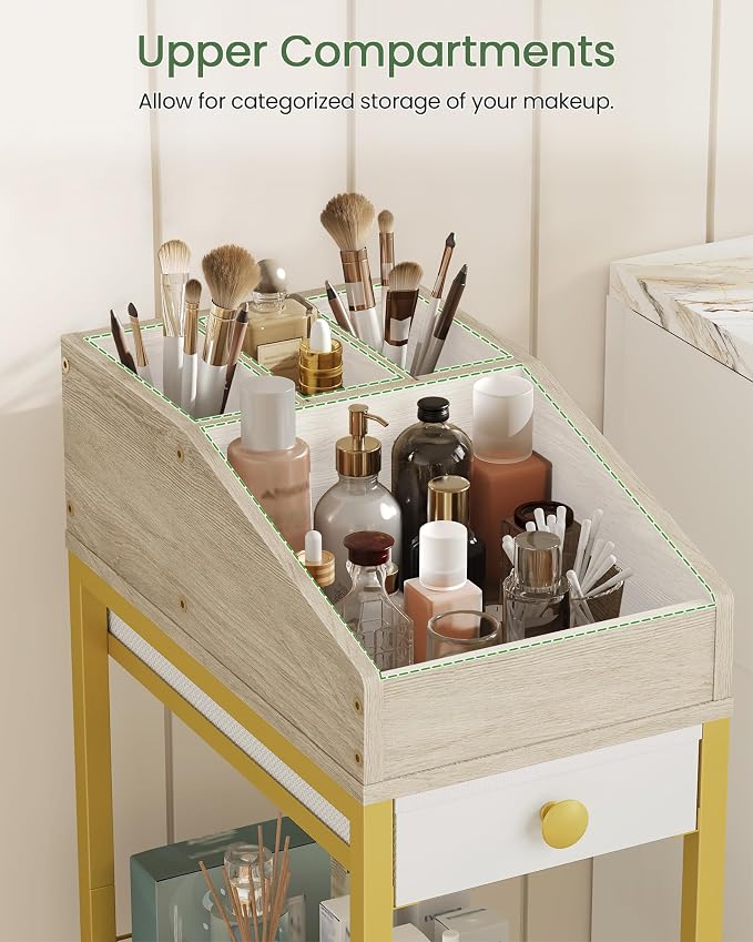 CHOEZON Makeup Organizer Storage Cart with Drawers, Floor-Standing Makeup and Skincare Organizer with Wheels, Bathroom Vanity Make Up Organizers for Brush, Hair Tool, White, Gold, and Natural TCJ90JW