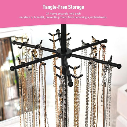 360 Rotating 2-Tier Jewelry Organizer Stand, Large Earring Holder Organizer with 48 Holes for Studs，24 Prongs for Necklaces, Wide Base for Bracelets, Watches, Lipstick, Jewelry Display Stand for Women