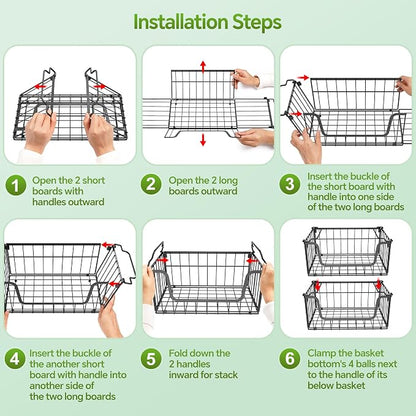 MSERCUOR 4 Pack Foldable Wire Basket for Pantry Organizers and Storage, Stackable Vegetable Fruit Basket for Kitchen Counter, Black Potato and Onion Storage Bin