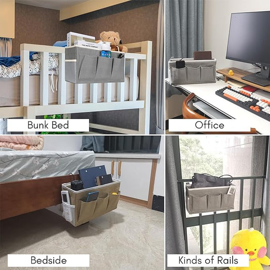 Kanrichu Bedside Caddy Hanging Storage Bag, Organizer Baskets with Pockets for Bunk Bed Accessories, Loft & Dorm Rooms Chair Bed Rails (Gray)