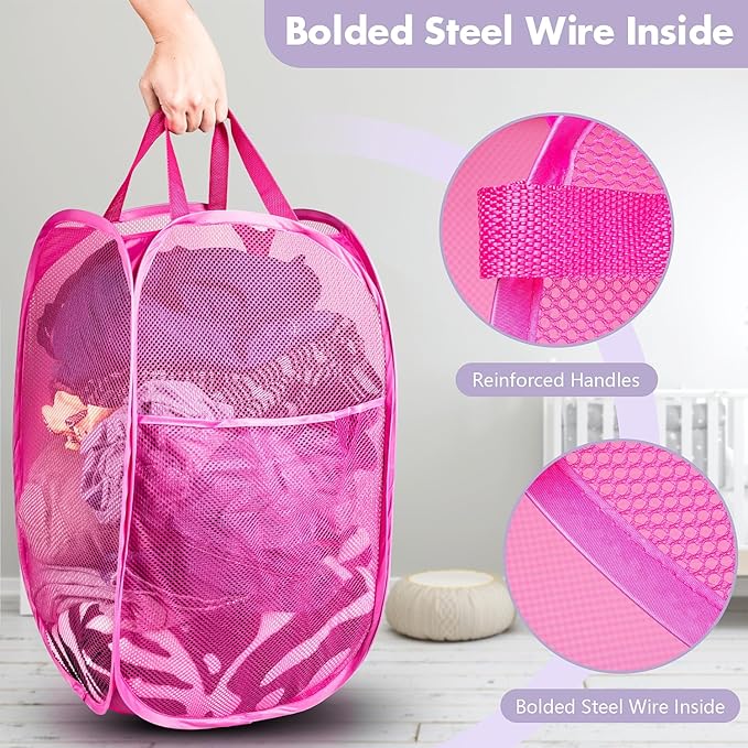 DUCOO Pop Up Laundry Hamper, 70L Collapsible Mesh Laundry Basket with Side Pocket, Foldable Dirty Clothes Hamper with Sturdy Reinforced Handles for Home Dorm Bedroom Travel Bathroom Storage, Pink