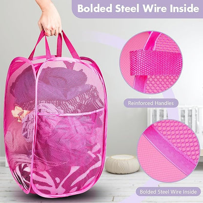 DUCOO Pop Up Laundry Hamper, 70L Collapsible Mesh Laundry Basket with Side Pocket, Foldable Dirty Clothes Hamper with Sturdy Reinforced Handles for Home Dorm Bedroom Travel Bathroom Storage, Pink