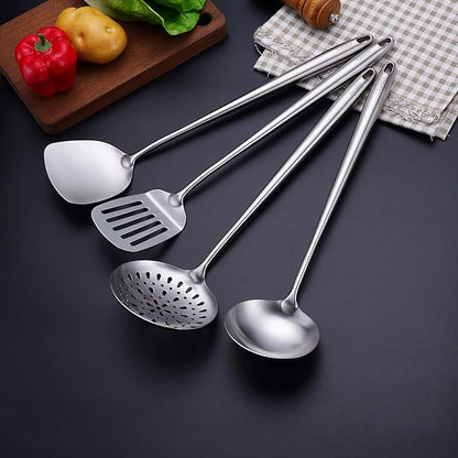 304 Stainless Steel Kitchen Utensils Set - 17” All Metal Cooking Tools, 6-Pcs Extra Long Handle Utensils with Spatula, Soup Ladle, Skimmer Spoon, Slotted Spatula Turner, Spaghetti Server, Solid Spoon