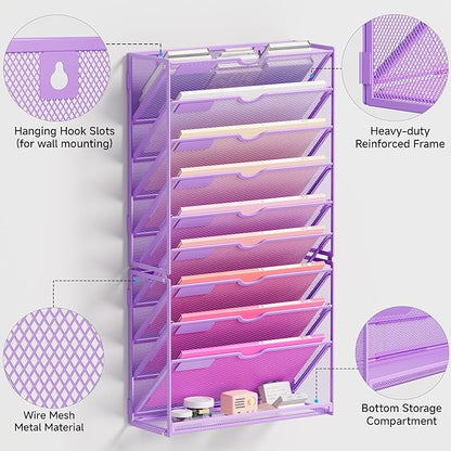 Lavatino Hanging Wall File Folders Organizer - 10-Tier Purple Metal Mesh Paper Magazine Document Mail Holder File Organizer for Office School Home Wall Mount or Desk Supplies Organization