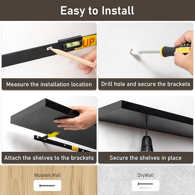 Fun Memories 48 Inch Floating Shelves for Wall 8 Inch Deep Black Shelves Set of 2, Wall Mounted Rustic Wood Long Floating Shelf, Large Display & Storage Shelf with Invisible Brackets