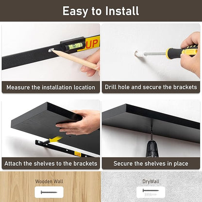 Fun Memories 72 Inch Floating Shelves for Wall 8 Inch Deep Black Shelves Set of 2, Wall Mounted Rustic Wood Long Floating Shelf, Large Display & Storage Shelf with Invisible Brackets