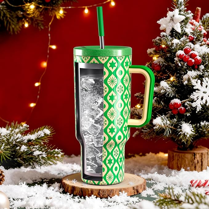 Meoky 40 oz Christmas Tumbler with Handle and Straw, Xmas Tumbler with Lid and Straw, Insulated Stainless Steel Travel Mug, Christmas Gifts for Women Men Adults (Emerald Cheer)