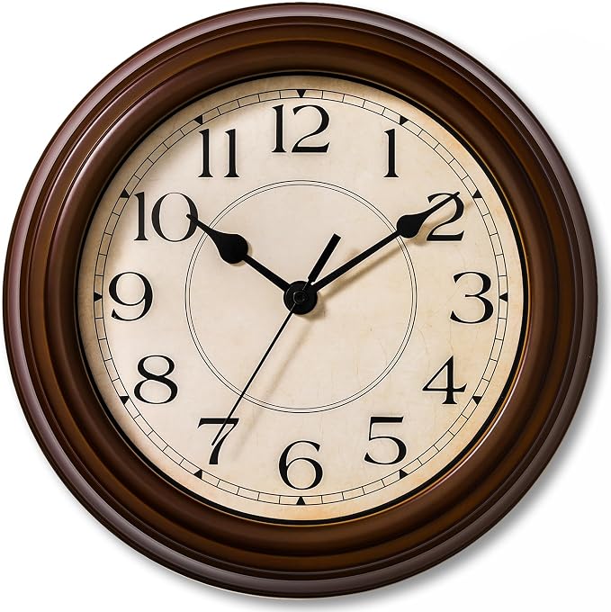 KECYET Wall Clock, 9 Inch Silent Battery Operated Non-Ticking Wall Clock Classic Decorative for Living Room, Kitchen,Office, Bedrooms(Brown)