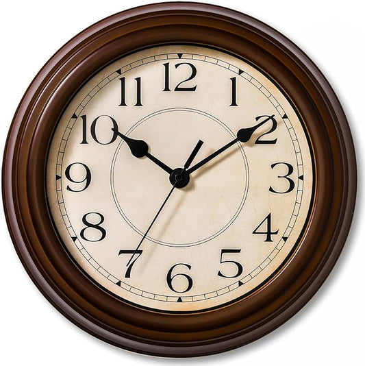 KECYET Wall Clock, 9 Inch Silent Battery Operated Non-Ticking Wall Clock Classic Decorative for Living Room, Kitchen,Office, Bedrooms(Brown)
