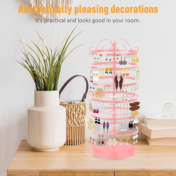 17Dec 6 Tier Rotating Jewelry Organizer Stand, 230 Holes Earring Holder Organizer for Women Girls, Spinning Earring Tree with Ring Holder, Wide Base for Bracelets Watches Lipstick