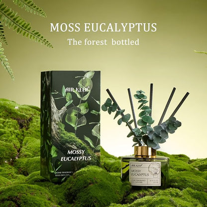 Airkeep Reed Diffuser Set with 6.76 fl oz Moss Eucalyptus Scent Essential Oils and 3 Leaves & 8 Diffuser Sticks,Bathroom Shelf Decor & Air Freshener, House Bedroom Office Decor & Gifts