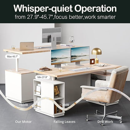 71" Standing Desk with 2 File Cabinet, AC/USB, 1.18" Desktop, L Shaped Height Adjustable Desk, Electric Furniture Set with Multiple Functions for Home and Office, Light Walnut