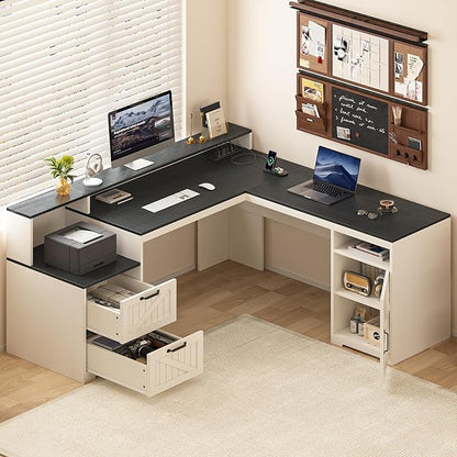63" Farmhouse L Shaped Executive Desk with Drawers & Storage Shelf, Corner Computer Desk with Power Outlets, L Shaped Office Desk with Monitor Stand, Printer Shelf, Black and White