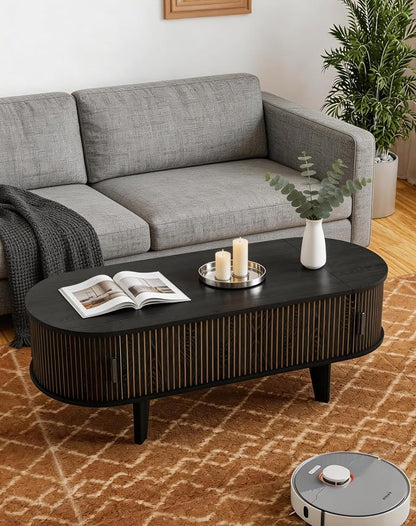 Oval Coffee Table with Storage, 47.2" Fluted Lift Top Coffee Table with 180° Sliding Tambour Door, Mid Century Modern Center Table for Living Room, Office, Cafe, Black