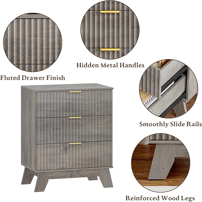 Fluted 3 Drawer Dresser for Bedroom, Mid Century Modern Beside Table with Metal Handle, Wooden Nightstand with 4 Drawers End Table for Living Room, Closet, Entryway, Grey