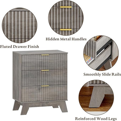 Fluted 3 Drawer Dresser for Bedroom, Mid Century Modern Beside Table with Metal Handle, Wooden Nightstand with 4 Drawers End Table for Living Room, Closet, Entryway, Grey