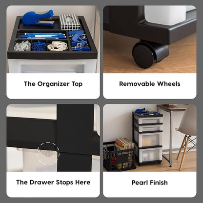 IRIS USA Plastic Drawer Storage Organizer Rolling Cart, with Wheels Casters, 4-Drawers, for Classroom Art Craft Supplies Dresser Closet Bathroom Laundry Room, Black/Pearl