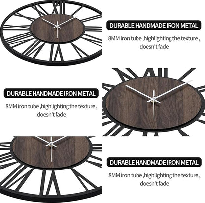 LEIKE Large Wall Clocks for Living Room,Silent,Non Ticking,Battery Operated Oversized Vintage Round Modern Wood Wall Clock for Bedroom,Farmhouse,Office Home Decor-24 Inch(Black-Roman Numerals)