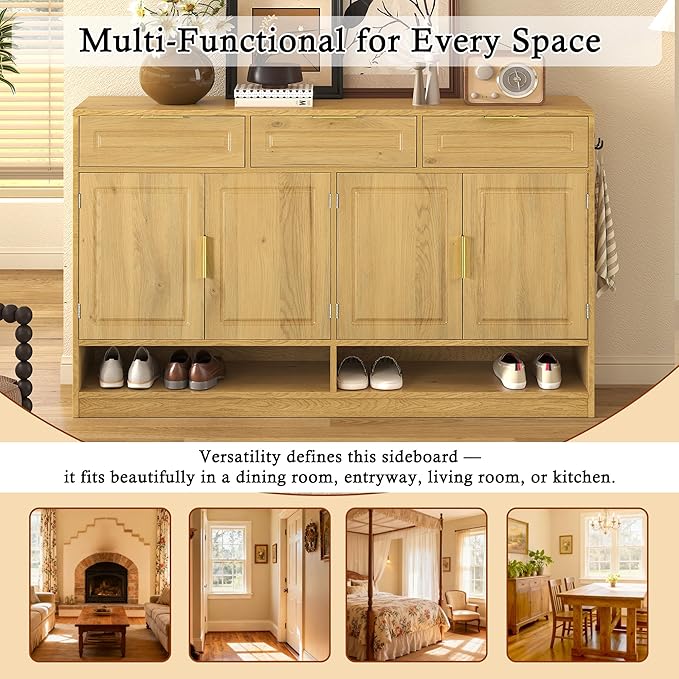 Sideboard Cabinet with 3 Drawers, 59.1" Multi-Functional Sideboard Buffet Cabinet with Storage, Buffet Table with Adjustable Shelf for Dining Room, Living Room, Entryway, Natural