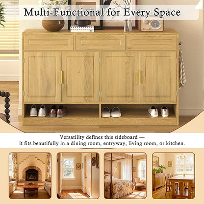 Sideboard Cabinet with 3 Drawers, 59.1" Multi-Functional Sideboard Buffet Cabinet with Storage, Buffet Table with Adjustable Shelf for Dining Room, Living Room, Entryway, Natural