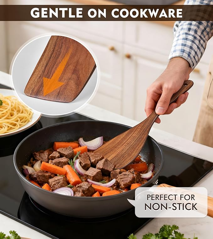 2Pcs Wooden Spatula, Acacia Wooden Spatula for Kitchen Use, Nonstick Cookware Safe Utensils Set including Turner and Slotted Turner, Ideal Cooking Utensils Gift Set for Cooking, Frying, Baking