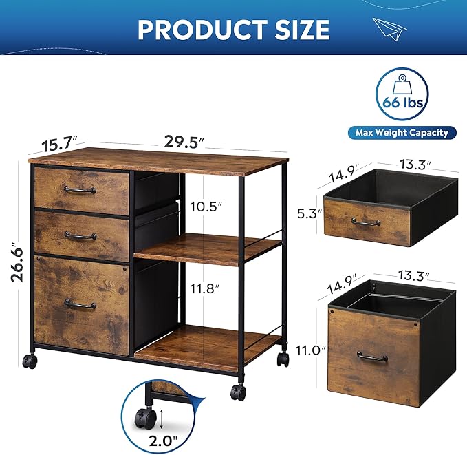 DEVAISE 3 Drawer Mobile File Cabinet, Rolling Printer Stand with Open Storage Shelf, Fabric Lateral Filing Cabinet fits A4 or Letter Size for Home Office, Rustic Brown Wood Grain Print