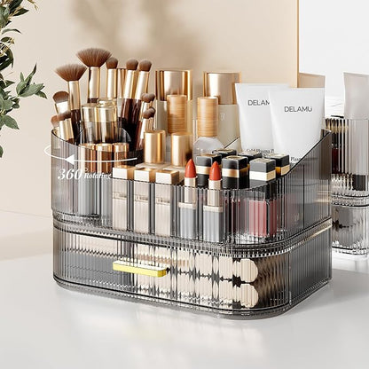 Delamu Makeup Organizer for Vanity with Stackable Drawers, 360 Rotating Makeup Brush Holder Large Cosmetic Display Case, Bathroom Skincare Storage, Crystal Black, Ideal Christmas Gifts for Girls