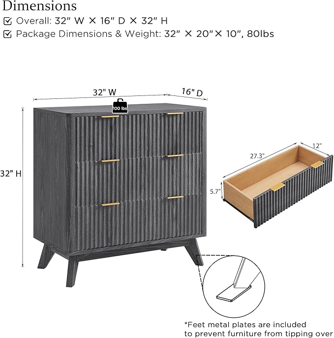 T4TREAM Fluted 3 Drawer Dresser, 32" Tall Modern Chest of Drawers, Curved Profile Design, Wood Drawer Organizer for Bedroom, Living Room, Hallway, Entryway, Dark Alder