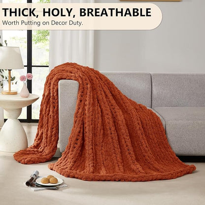 L'AGRATY Chunky Knit Blanket Throw: 60''x80'' Chenille Chunky Knitted Throw Blankets for Bed Couch - Handmade Thick Big Cable Knit Blanket - Large Crochet Rope Blankets for Home Decor(Rusty Orange)