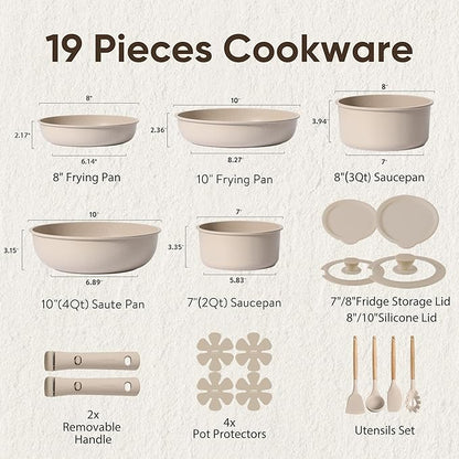 CAROTE 19pcs Pots and Pans Set Non Stick, Nonstick Cookware Set Detachable Handle, Induction Kitchen Cooking Sets with Removable Handle, RV Kitchen, Oven Safe, Taupe