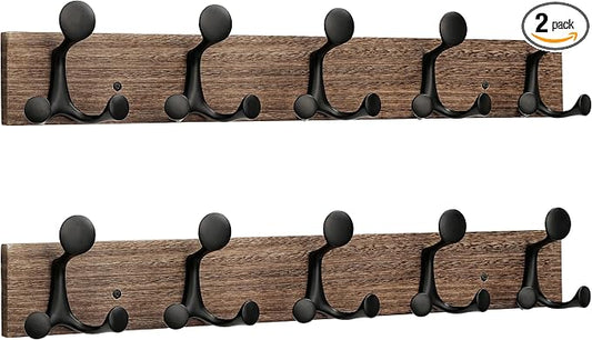 SKOLOO 24-Inch Wood Burnt Coat Rack Wall Mount with 5 Triple Hooks - Ideal for Family Entrances, Classrooms, and Pet Supplies Storage - Perfect Coat Hooks for Wall, Pack of 2