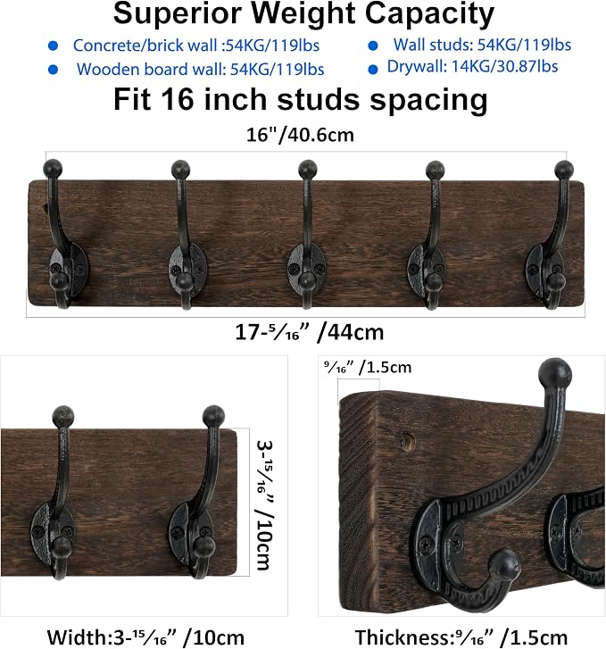 WEBI Rustic Coat Rack Wall Mount,5 Cast Iron Coat Hooks Wall Mounted,Heavy Duty Wood Wall Coat Hanger Hooks for Hanging Coats,Jacket,Clothes,Backpack,Farmhouse,Weathered Brown,2 Packs