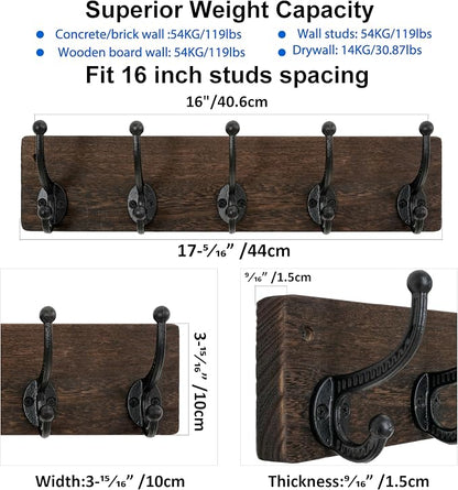 WEBI Rustic Coat Rack Wall Mount,5 Cast Iron Coat Hooks Wall Mounted,Heavy Duty Wood Wall Coat Hanger Hooks for Hanging Coats,Jacket,Clothes,Backpack,Farmhouse,Weathered Brown,2 Packs