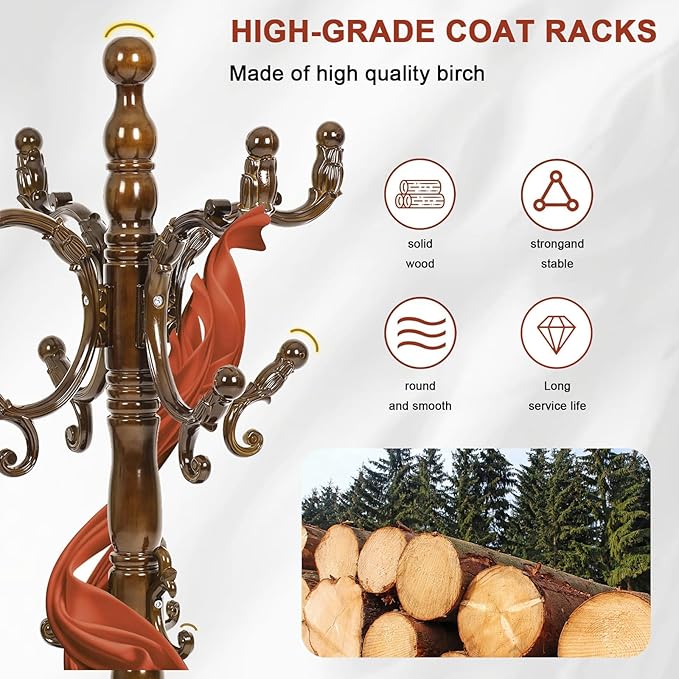 Wooden Coat rack freestanding, Coat racks stand with 14 Hook, Heavy duty coat tree standing 3 Adjustable Heights for Bedroom, Entryway, Hallway, Office,Stury Base (Light brown)