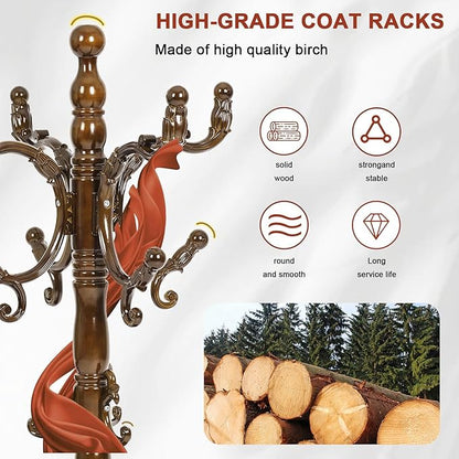 Wooden Coat rack freestanding, Coat racks stand with 14 Hook, Heavy duty coat tree standing 3 Adjustable Heights for Bedroom, Entryway, Hallway, Office,Stury Base (Light brown)