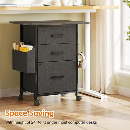 Mexin 3 Drawer File Cabinet with 22'' Extended Desktop, Mobile Filing Cabinet, Printer Stand, Rolling Printer Stand with Side Bag, Fabric Drawer, Fits A4 Size, Home Office, Black
