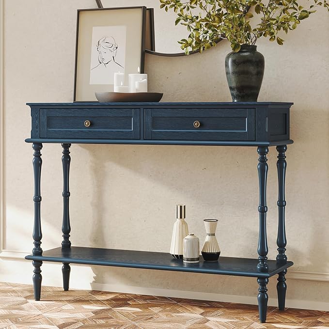 ARTPOWER Console Table for Entryway with 2 Drawers-Minimal Assembly,Retro Entryway Table with Storage Cabinets and Open Shelf,Narrow Long Couch Table Behind Sofa for Living Room,Foyer,Hallway,Blue
