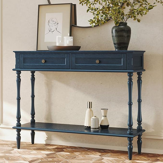 ARTPOWER Console Table for Entryway with 2 Drawers-Minimal Assembly,Blue Retro Entryway Table with Storage Cabinets and Open Shelf,Narrow Long Couch Table Behind Sofa for Living Room,Foyer,Hallway