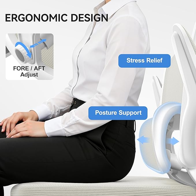 Ergonomic Office Chair, Breathable Mesh Ergonomic Desk Chair with Adjustable Lumbar Support, Flip-up Armrests, Computer Chairs Comfortable for Home, Office, Work, 300lbs, White