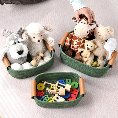 Storage Baskets for Organizing, Small Woven Basket Set of 6-4 Shelf Basket with Leather Handle and 2 Small Gift Baskets, Cotton Rope Basket for Shelves, Nursery, Dog Toy, Bathroom