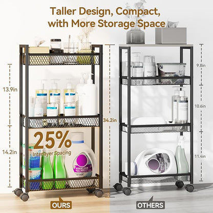 YASONIC Slim Rolling Storage Cart, Metal 3 Tier Bathroom Storage Organizer Laundry Room Utility Cart for Kitchen, Bthroom, Makeup, Craft, Laundry Narrow Places, Black