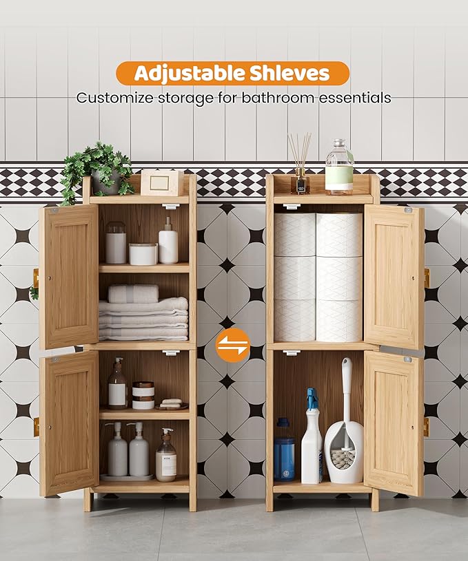 Akxomel Rattan Small Bathroom Cabinet with 2 Doors, 7.9''D x 9.8''W Narrow Toilet Paper Storage Cabinet, Bathroom Organizer for Small Spaces, Wooden Slim Corner Unit with Adjustable Shelf, Natural Oak