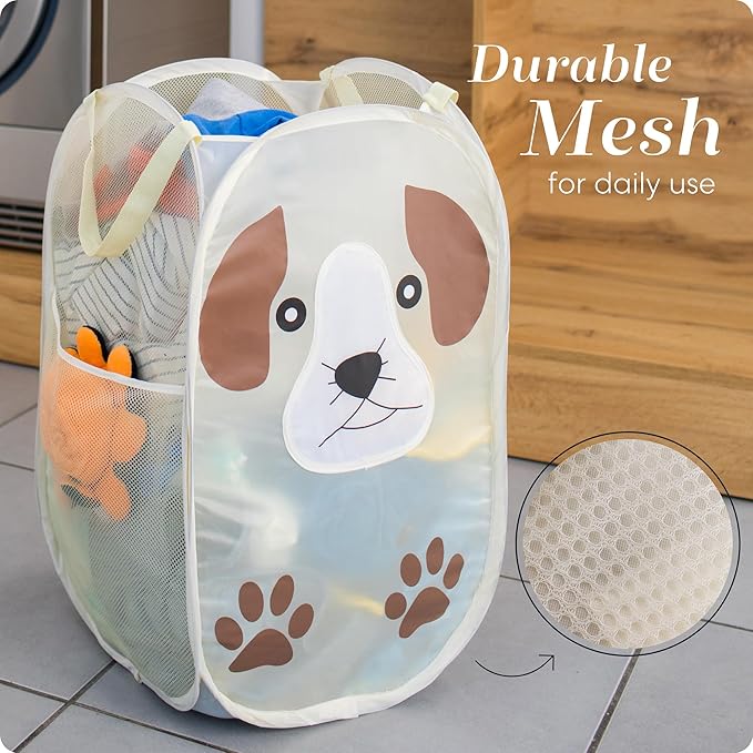 Pop Up Laundry Hamper, Cute Puppy Collapsible Mesh Basket 71L with Reinforced Handles and Side Pocket - Foldable Pop Up Hamper for Dorm, Travel, Kids Room - Handy Laundry (Puppy)
