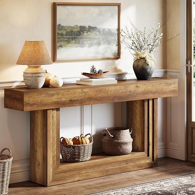 Tribesigns 63" Narrow Console Table, 2-Tier Long Entryway Table with Framed Base, Farnhouse Console Behind Couch for Living Room Hallway, Brown