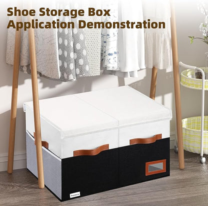 Supowin Shoe Organizer for Closet, Foldable Shoe Storage Bins with Lid & Adjustable Dividers, Fabric Shoe Box Storage Containers with Four Reinforced Handles, Fits 16 Pairs, 1 Pack, Black & White
