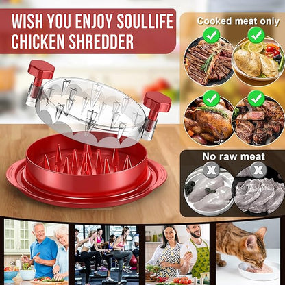 SoulLife Chicken Shredder Tool Twist 8 Inches, Chicken Breast Shredder, BPA free, Food Safe Material, Meat Shredder, Clear Lid, Ergonomic Handle, Strong Anti-slip, Easy to Clean, Dishwasher Safe (Red)