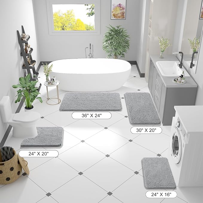 OLANLY Large Bathroom Rugs 59x35, Extra Soft Absorbent Chenille Bath Rugs, Rubber Backing Quick Dry, Machine Washable Bath Mats for Bathroom Floor, Tub and Shower, Home Decor Accessories, Light Grey