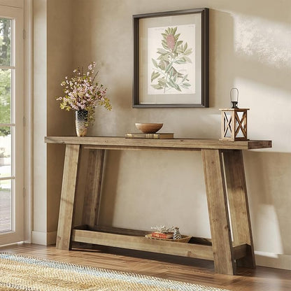 63-Inch Solid Wood Console Table, Farmhouse Entryway Table with 2-Tier Shelf, Narrow Sofa Table Behind Couch for Living Room, Hallway, Foyer