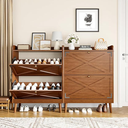 Shoe Storage Cabinet with 2 Flip Drawers & Adjustable Shelves,Narrow Shoe Cabinet Storage with Doors Side Hooks Wooden Shoe Rack Cabinet for Entryway,Hallway,Rustic Walnut