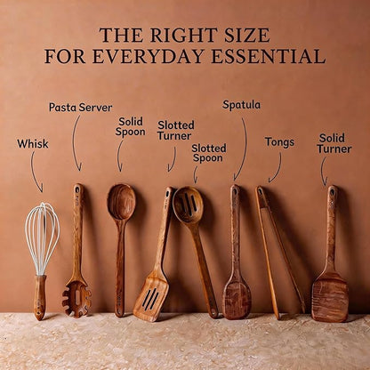 CAROTE Wooden Kitchen Utensils Set, Acacia Wood 8pcs Cooking Utensil Set for Nonstick Cookware, Long-lasting Wooden Spoons for Cooking, Spatula, Turner